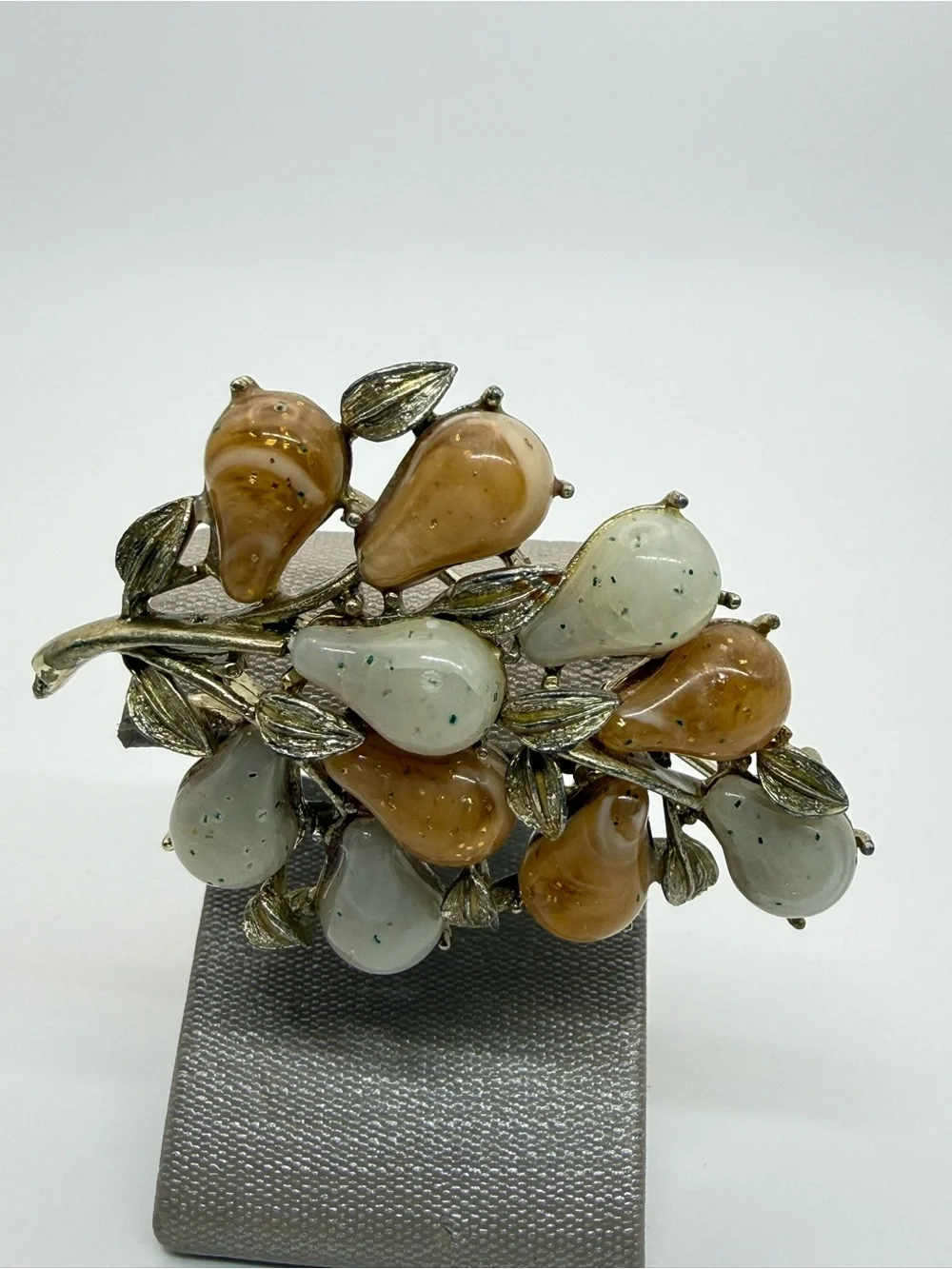 Vintage Signed Coro Moonglow Lucite Pear Fruit Tree Brooch Gold Tone